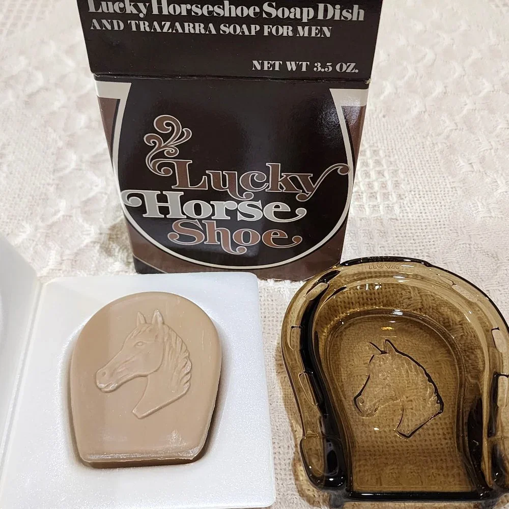 MCM Avon Lucky Horseshoe Glass Soap Dish + Scented Trazarra Horse Bar Soap